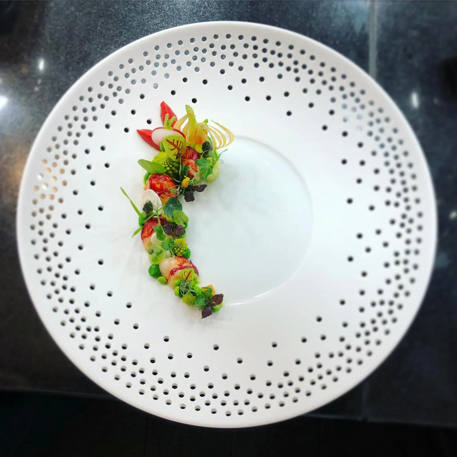 Hummer mit Romanesco und Kräutern auf weißem Teller