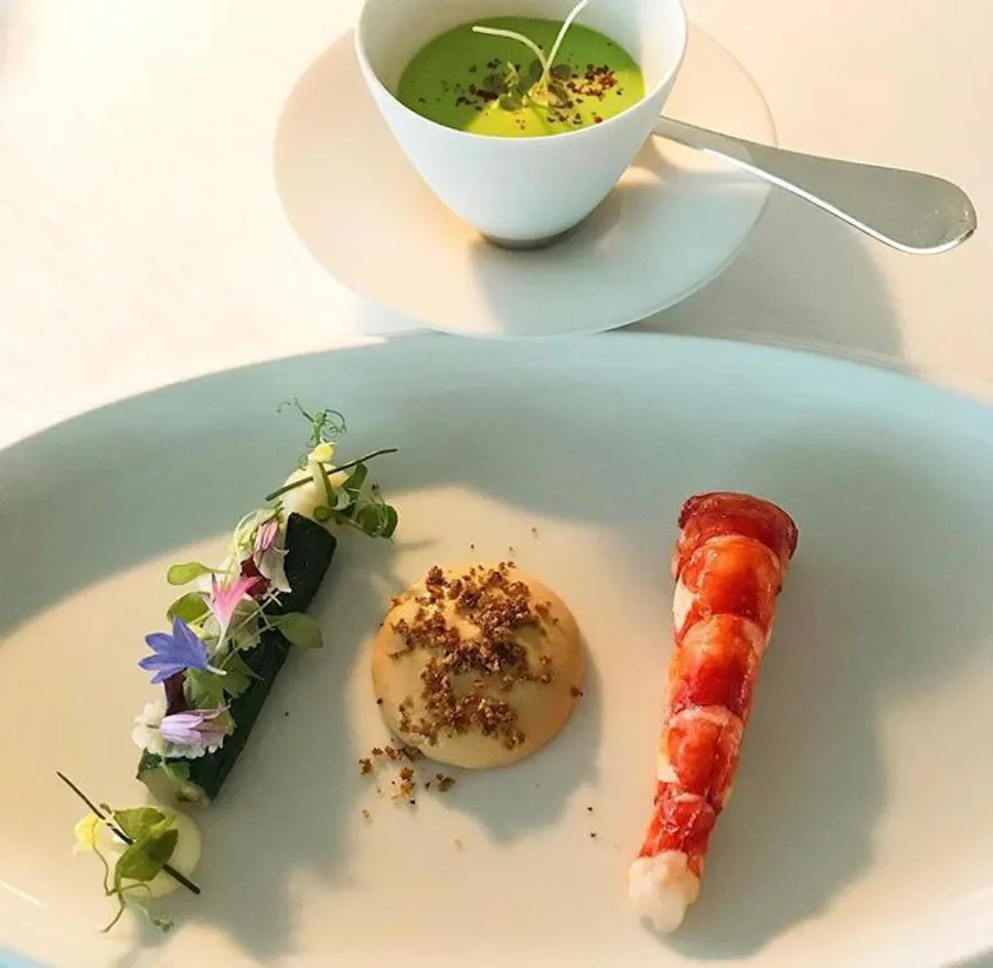 Langustine mit Gurke und Erbsenvelouté